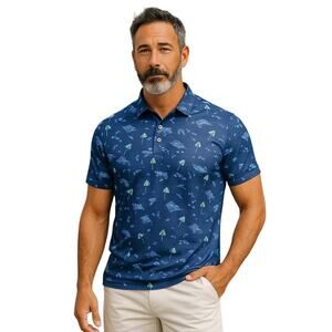 NWOT PGA Tour Men's Pro Series Beach Print Athletic Fit Golf Polo Blue Size M
